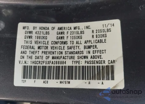 2015 Honda Accord Sport z USA, uszkodzony, nr VIN 1HGCR2F5XFA066884